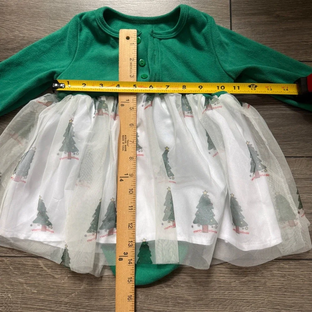 Green Christmas Tree Tutu Bodysuit Dress Long Sleeve Holiday 9-12 months
